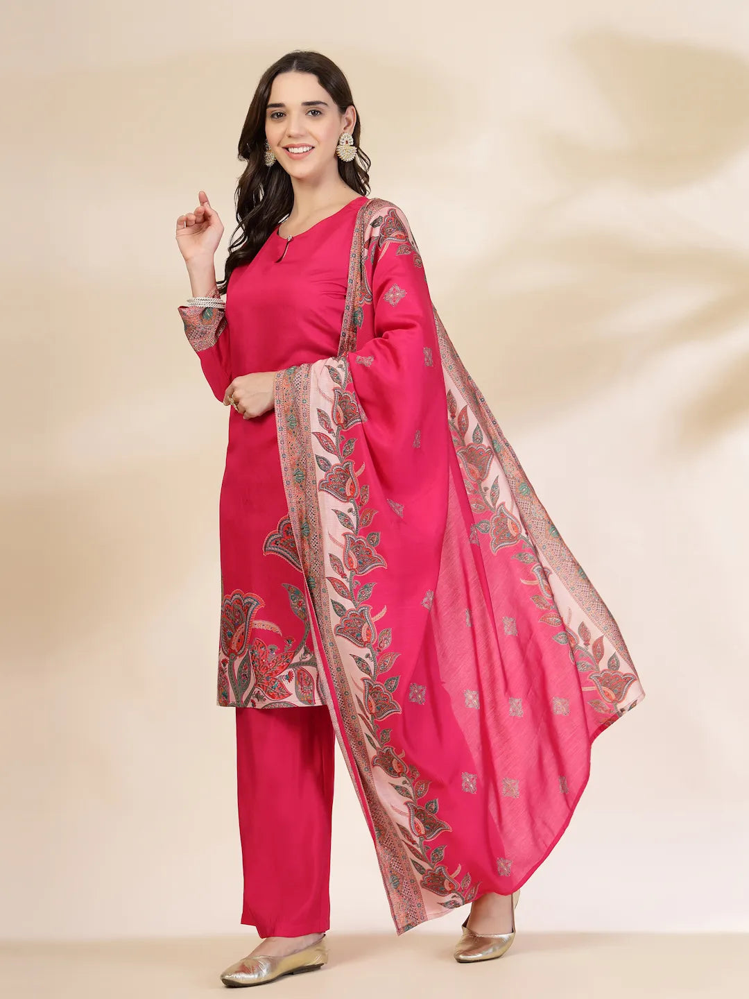 Yufta Pink Silk Straight Kurta With Palazzo Dupatta Set - Distacart