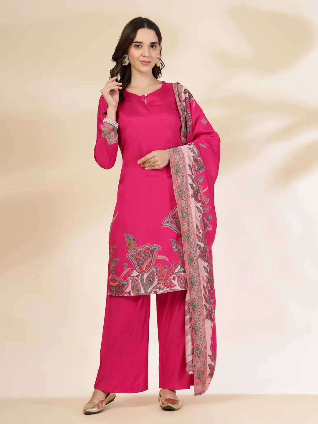 Yufta Pink Silk Straight Kurta With Palazzo Dupatta Set