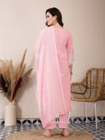 Thumbnail for Yufta Pink Solid Thread Work Straight Kurta Trouser Dupatta Set