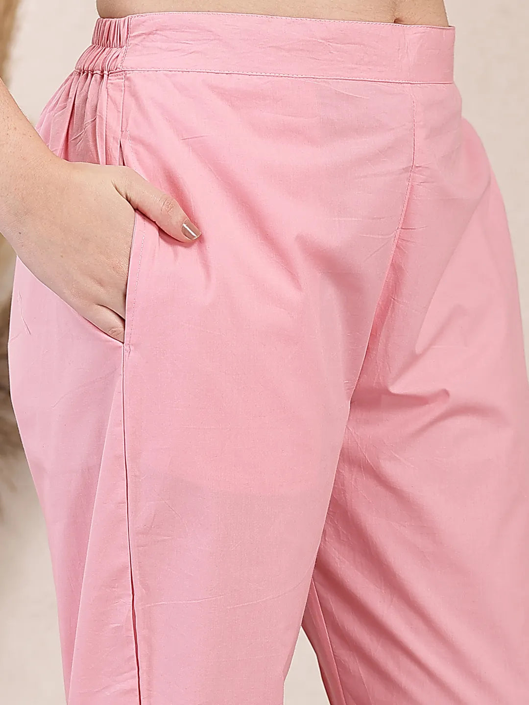 Yufta Pink Solid Thread Work Straight Kurta Trouser Dupatta Set