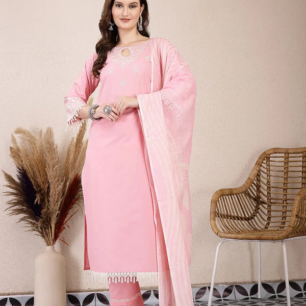 Yufta Pink Solid Thread Work Straight Kurta Trouser Dupatta Set - Distacart