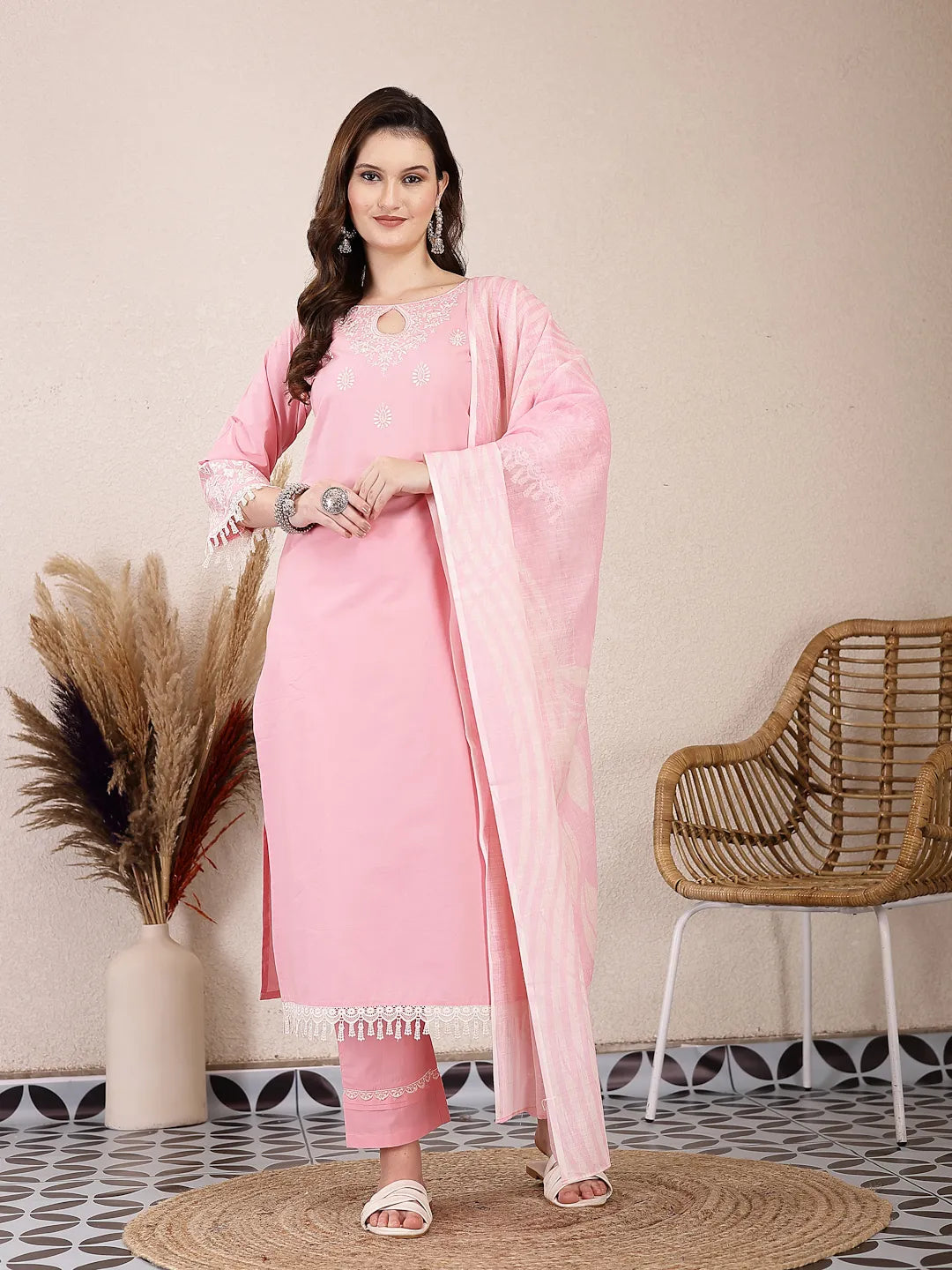 Yufta Pink Solid Thread Work Straight Kurta Trouser Dupatta Set - Distacart