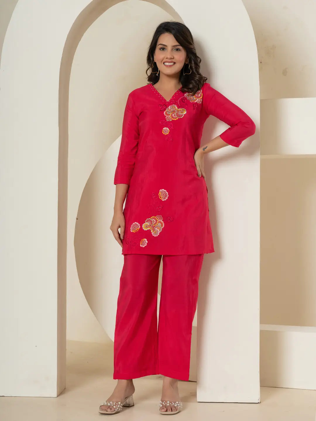 Yufta Pink Thread_Work Shirt And Palazzo Silk Blend Co-Ord Set - Distacart