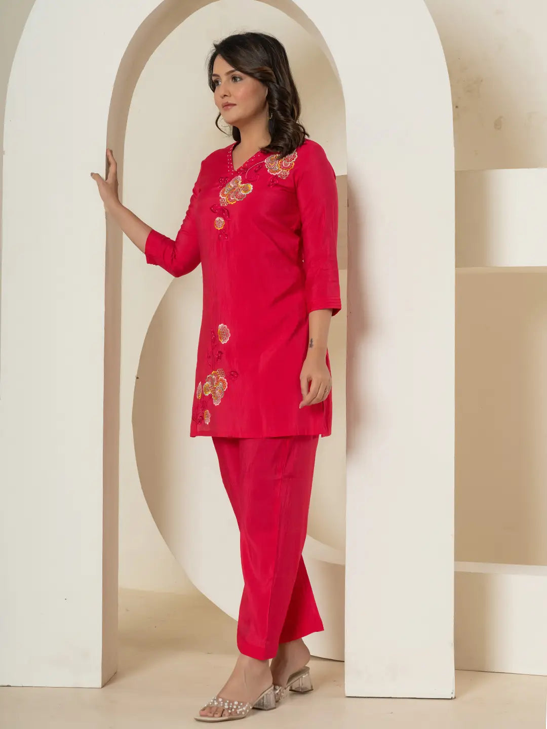 Yufta Pink Thread_Work Shirt And Palazzo Silk Blend Co-Ord Set - Distacart
