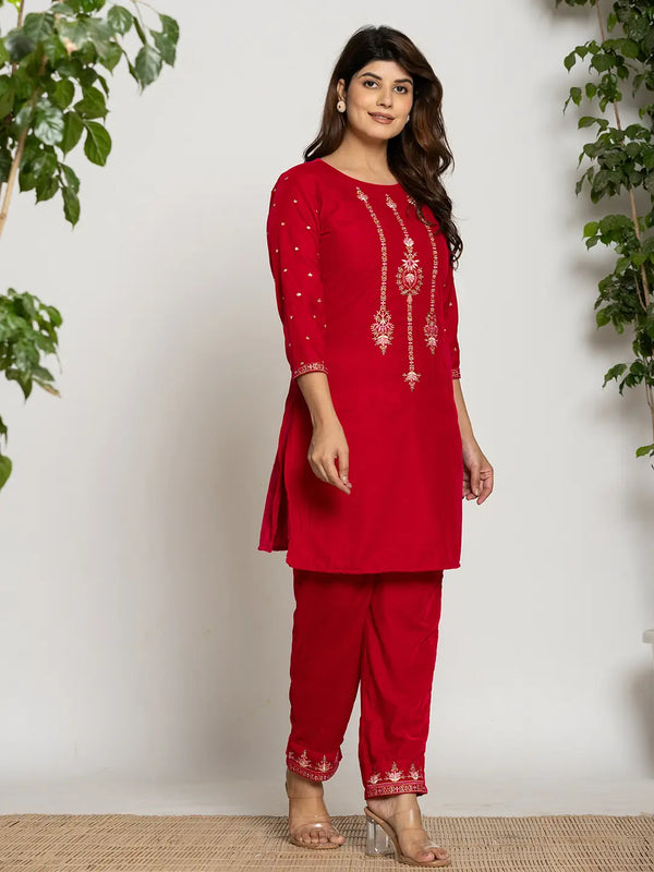 Yufta Pink Velvet Embroidered Co-Ord Set With Cotton Lining