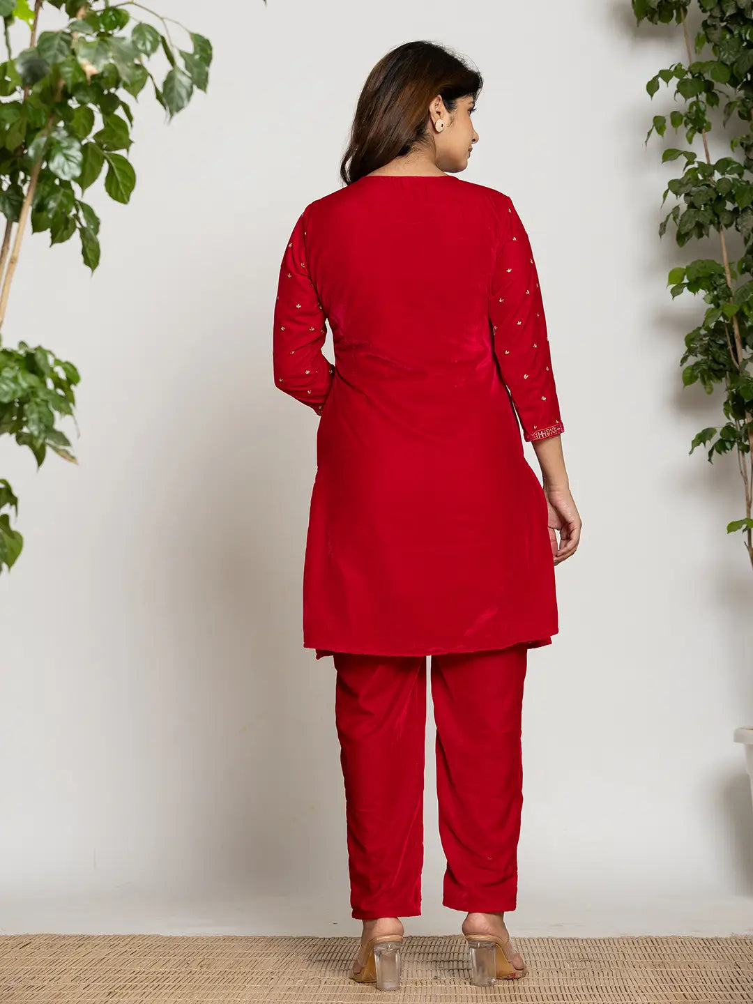 Yufta Pink Velvet Embroidered Co-Ord Set With Cotton Lining