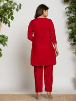 Thumbnail for Yufta Pink Velvet Embroidered Co-Ord Set With Cotton Lining