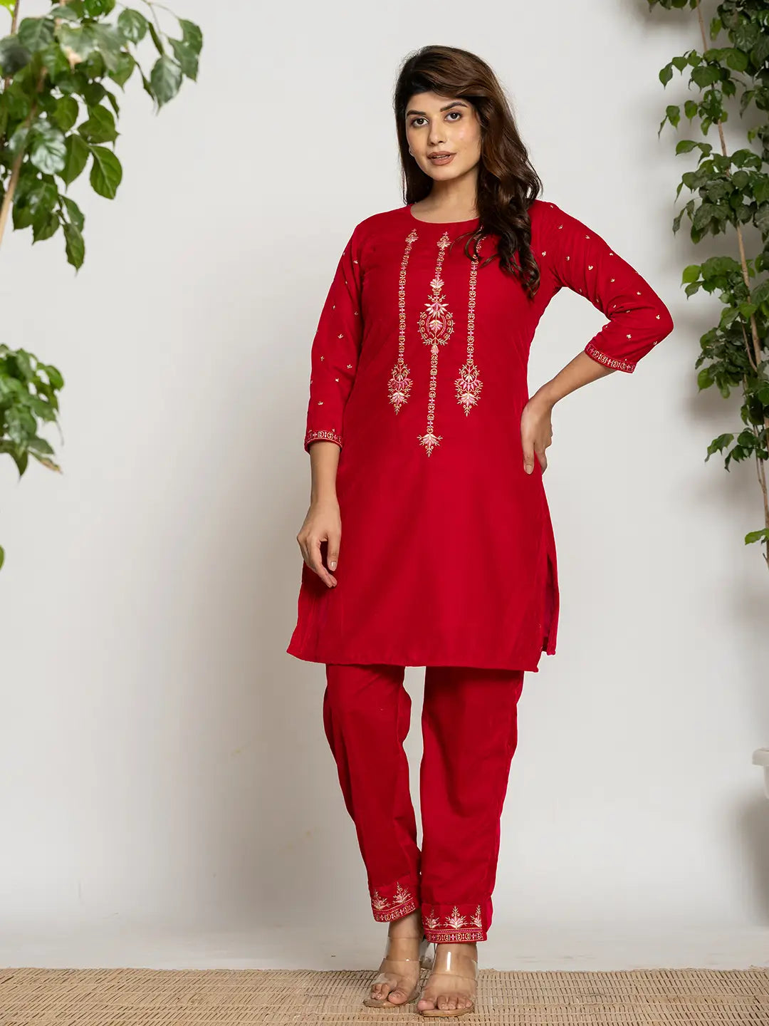 Yufta Pink Velvet Embroidered Co-Ord Set With Cotton Lining