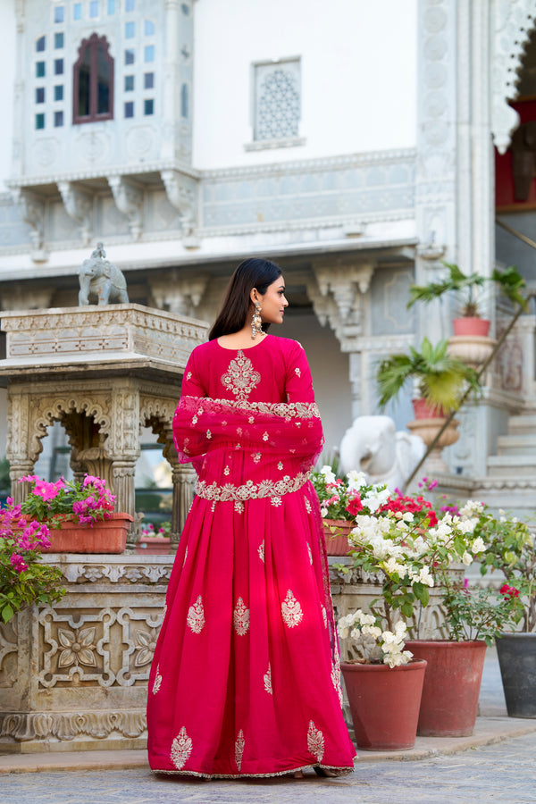 Evanik Pink Vichitra Silk Sequins and Thread Embroidery Work Gown Dupatta