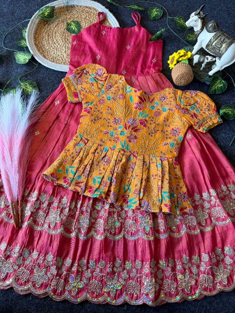 Evanik Designer Pink Tissue Silk Embroidered Work Gown With koti for Kids - Dista