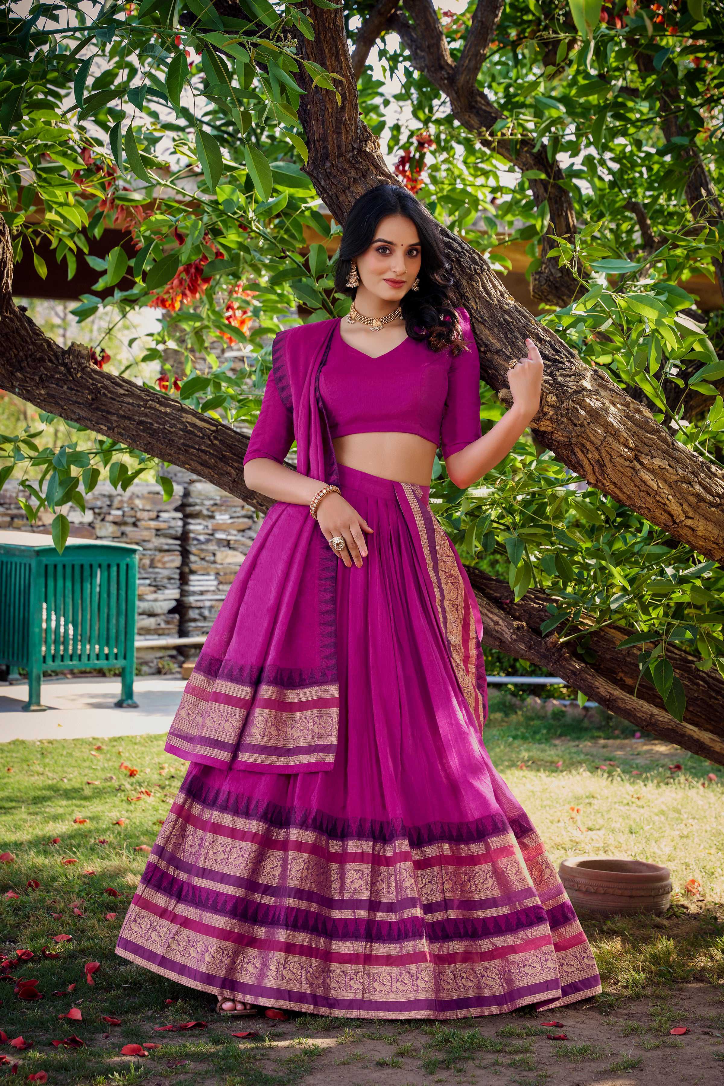 Evanik Women Pure Chanderi Plain With Zari Weaving Work Border Stitched Lehenga With Unstitched Blouse Dupatta(Up to 42)