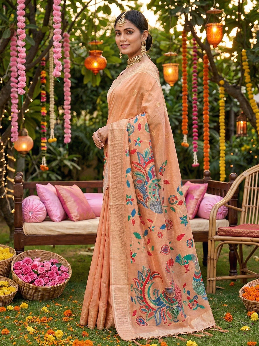 Anaita Pink Linen Cotton Woven Saree With Blouse - Dista