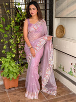Thumbnail for Evanik Leno Net Organza Embroidered Work Saree With Unstitched Blouse - Distacart