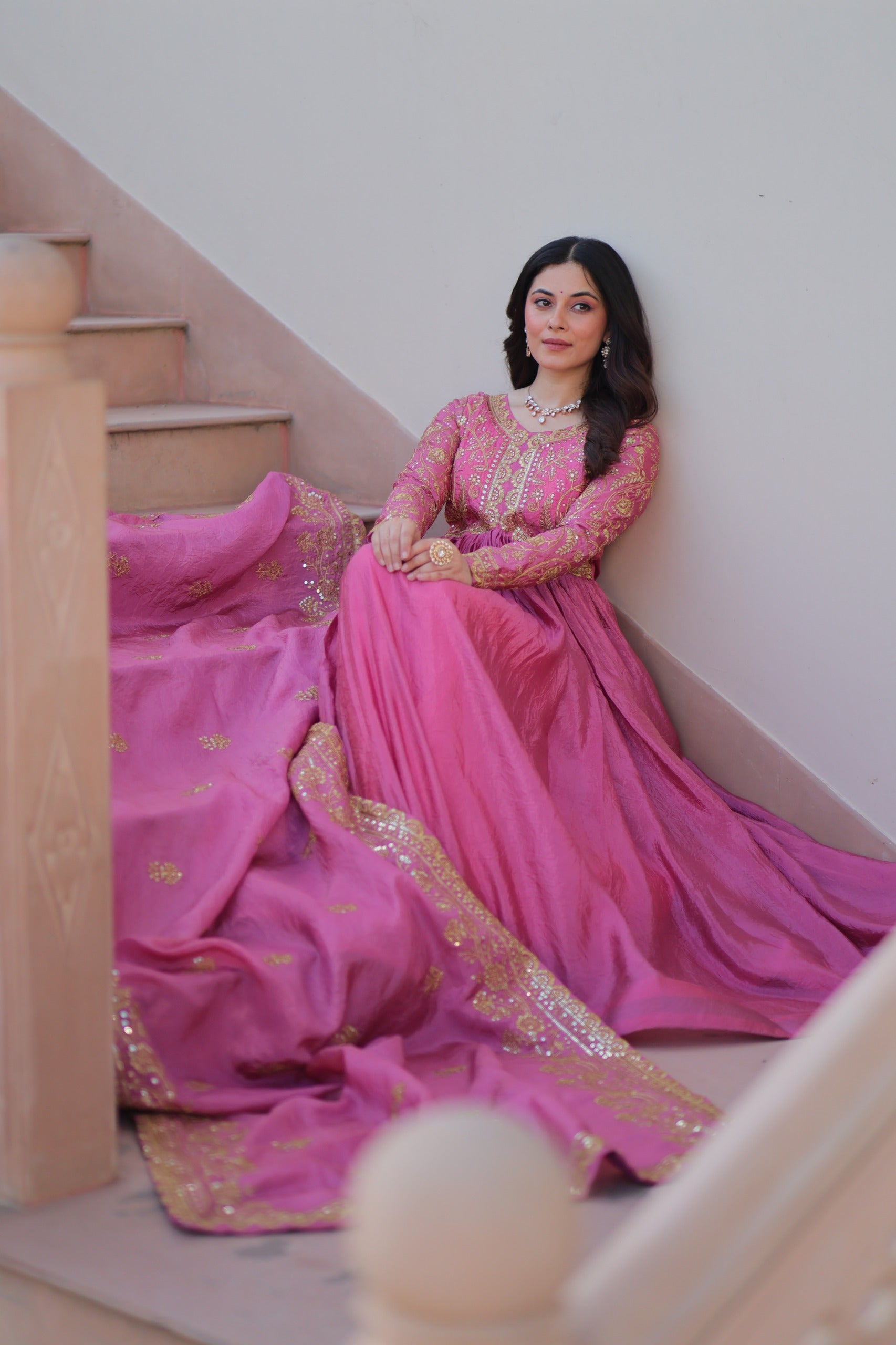 Evanik Pink Gold-Crush Fabric with Sequins & Multi Embroidered work Gown Dupatta