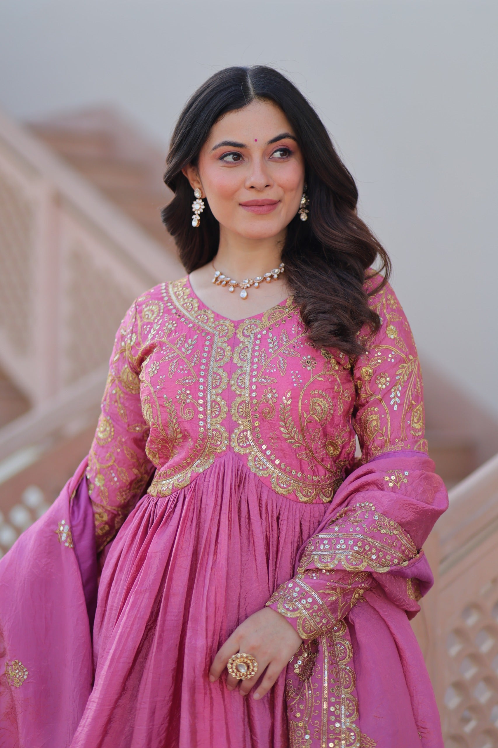 Evanik Pink Gold-Crush Fabric with Sequins & Multi Embroidered work Gown Dupatta