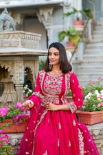 Thumbnail for Evanik Pink Vichitra Silk Sequins and Thread Embroidery Work Gown Dupatta