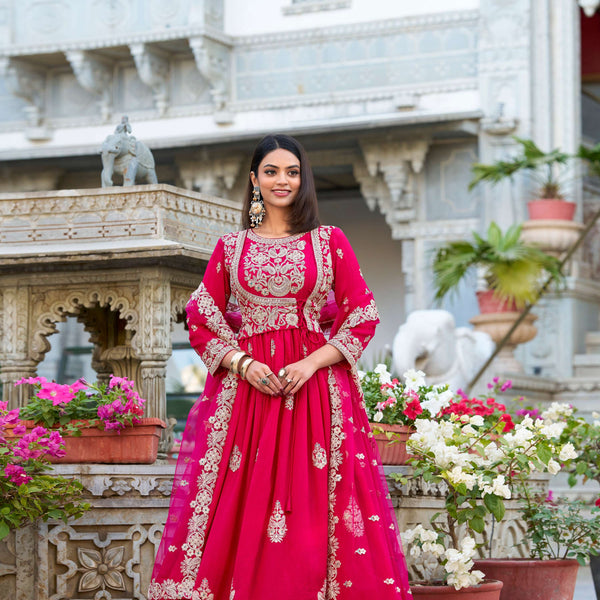 Evanik Pink Vichitra Silk Sequins and Thread Embroidery Work Gown Dupatta