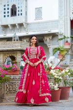 Thumbnail for Evanik Pink Vichitra Silk Sequins and Thread Embroidery Work Gown Dupatta