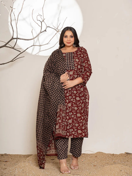 Yufta Maroon Floral Print Cotton Plus Size Kurta Dupatta Set