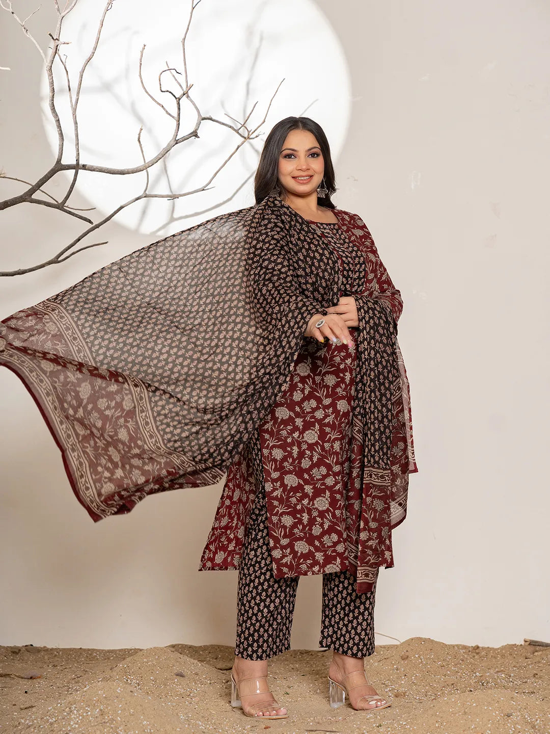 Yufta Maroon Floral Print Cotton Plus Size Kurta Dupatta Set - Distacart