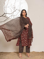 Thumbnail for Yufta Maroon Floral Print Cotton Plus Size Kurta Dupatta Set