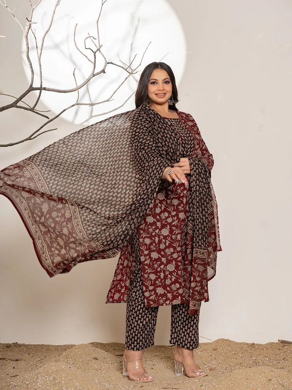 Yufta Maroon Floral Print Cotton Plus Size Kurta Dupatta Set