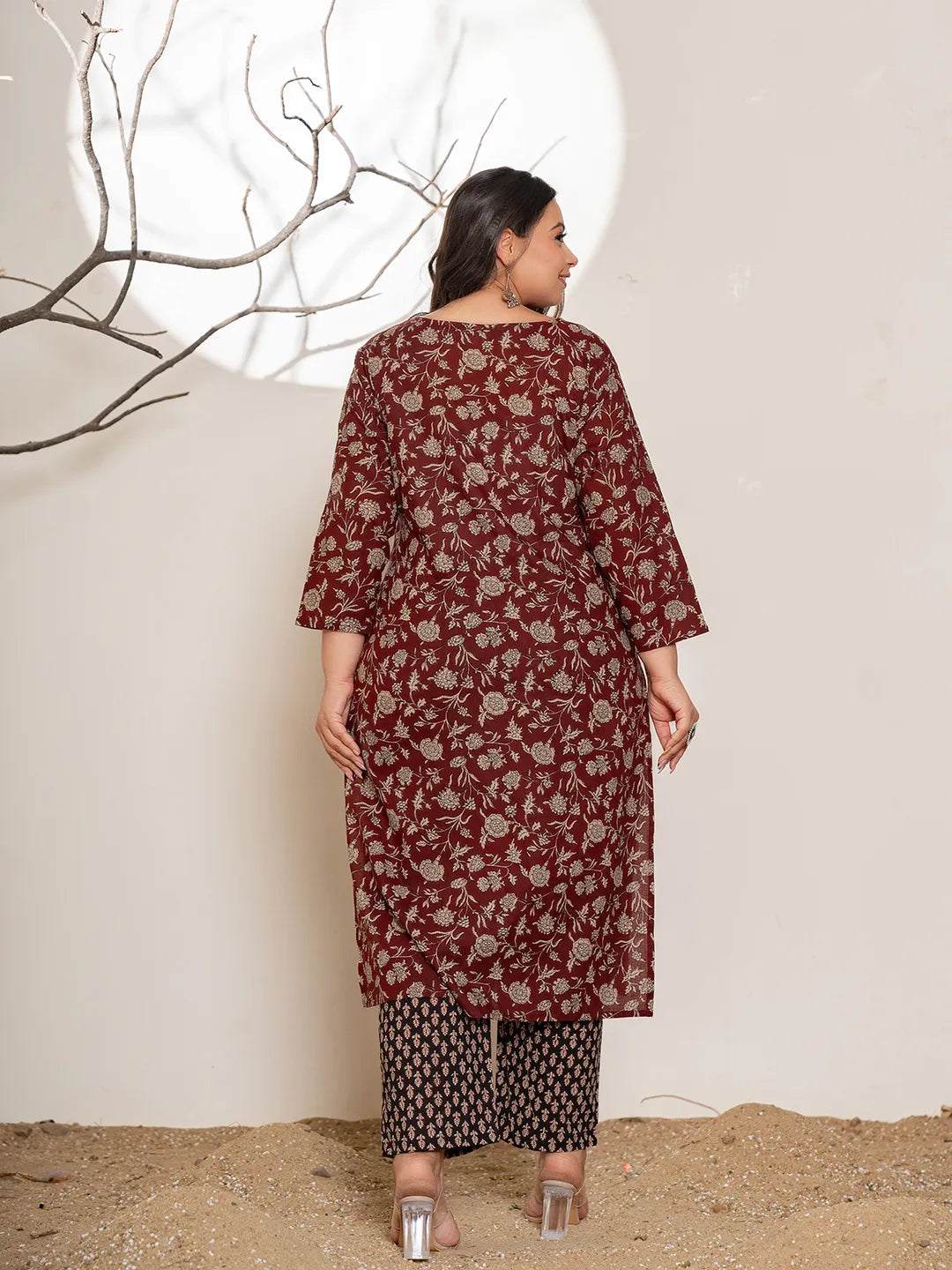 Yufta Maroon Floral Print Cotton Plus Size Kurta Dupatta Set