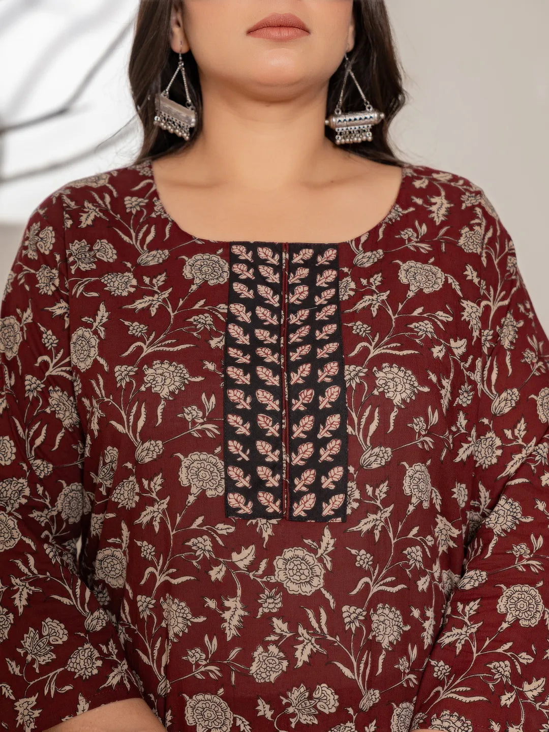 Yufta Maroon Floral Print Cotton Plus Size Kurta Dupatta Set