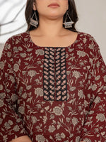 Thumbnail for Yufta Maroon Floral Print Cotton Plus Size Kurta Dupatta Set
