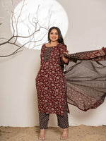 Thumbnail for Yufta Maroon Floral Print Cotton Plus Size Kurta Dupatta Set
