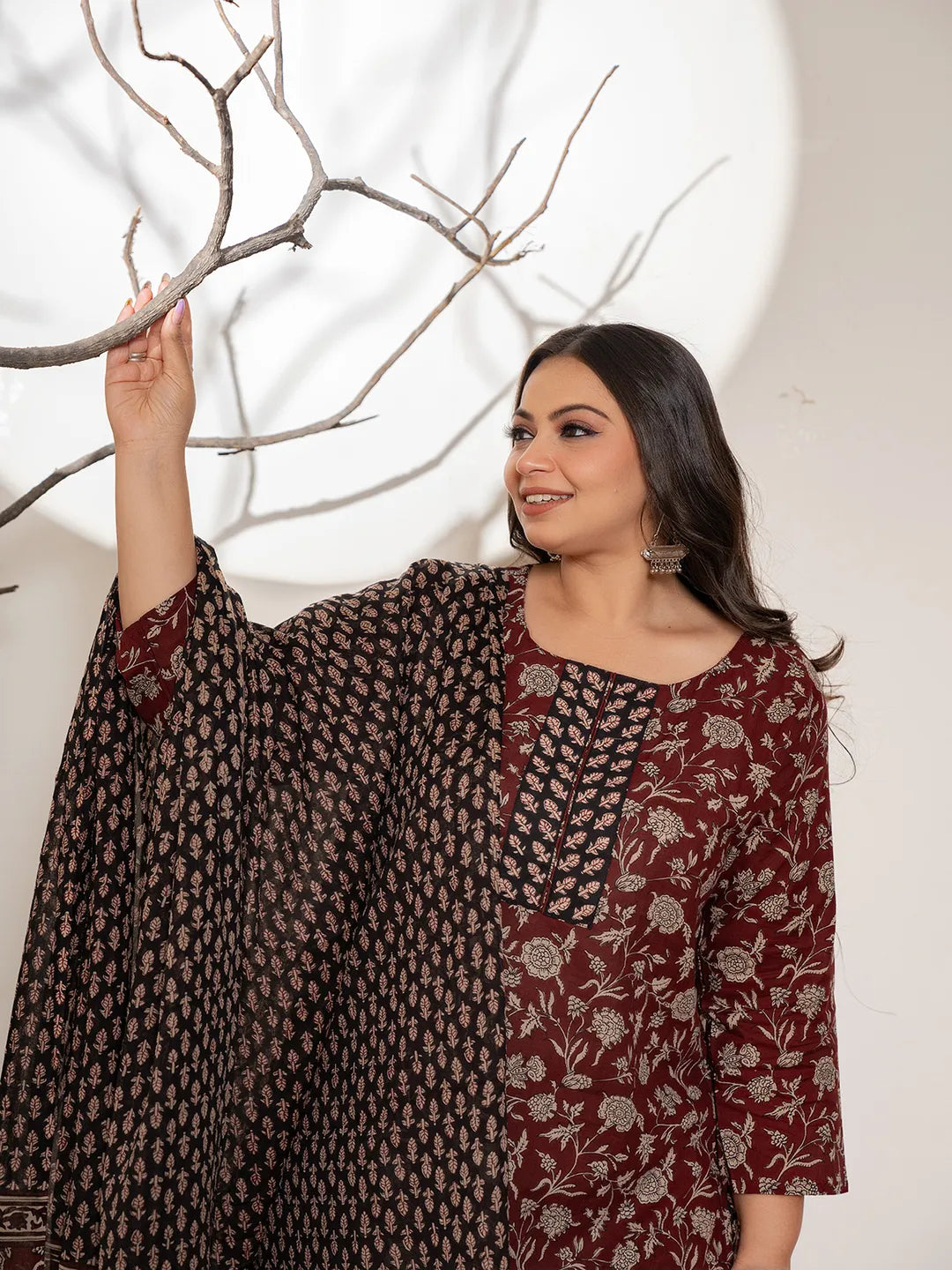 Yufta Maroon Floral Print Cotton Plus Size Kurta Dupatta Set