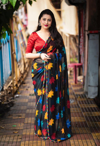 Black Poly Georgette Ethnic Motifs Saree with Unstitched Blouse - A2M - Distacart
