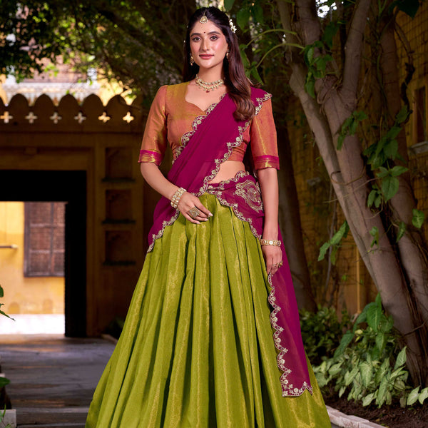 Evanik Pista South-style Kanchipuram silk lehenga With Unstitched Blouse & Dupatta