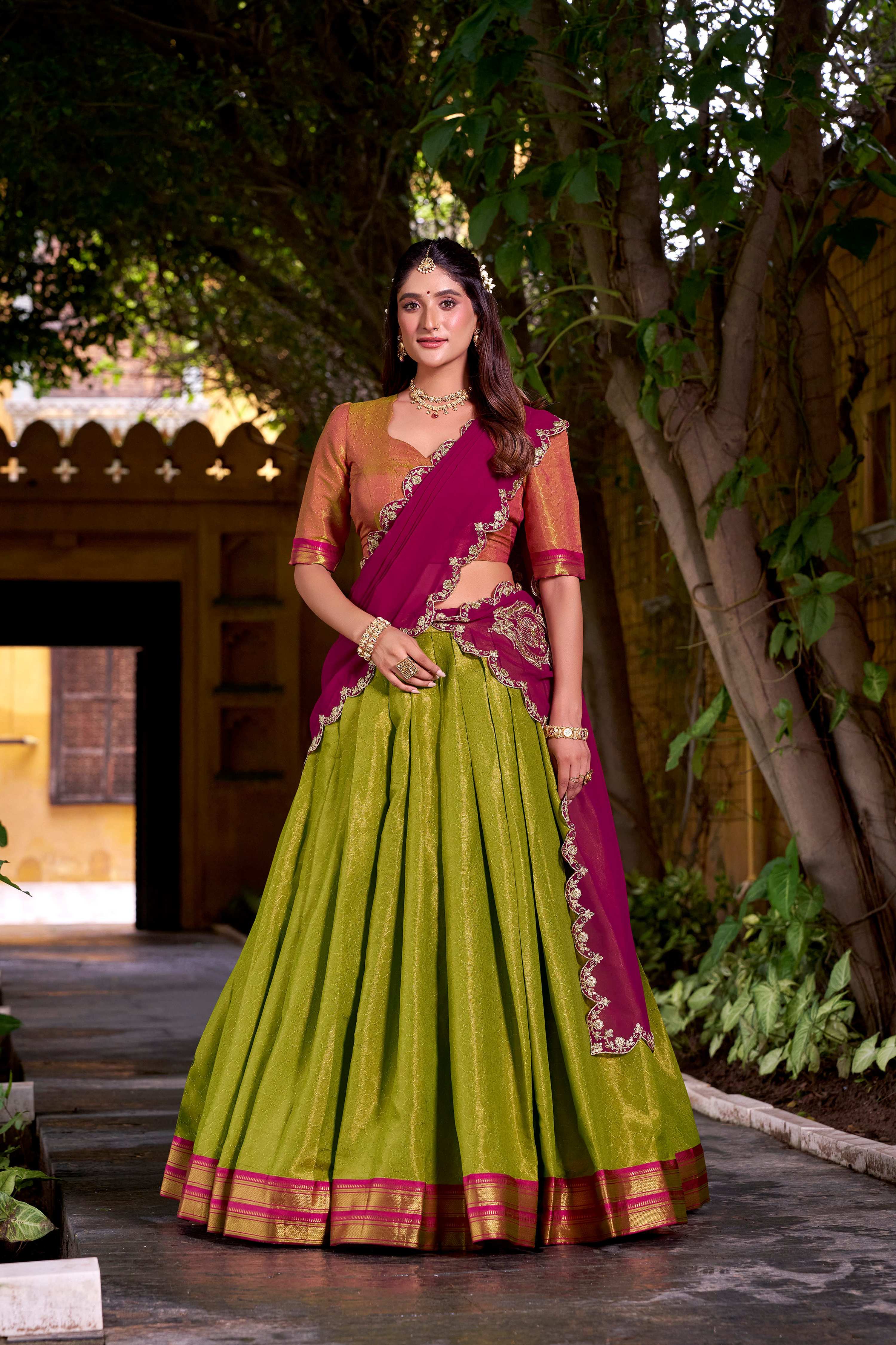 Evanik Pista South-style Kanchipuram silk lehenga With Unstitched Blouse & Dupatta - Distacart