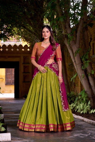 Evanik Pista South-style Kanchipuram silk lehenga With Unstitched Blouse & Dupatta