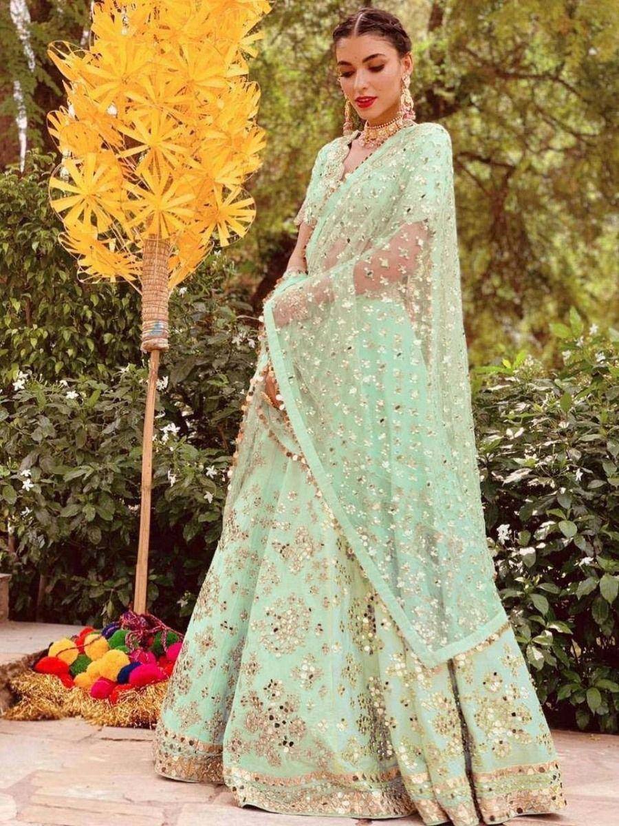 Tulsi Art Pista Green Paper Mirror Mulberry Silk Wedding Wear Lehenga Choli - Dista