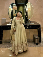 Thumbnail for Teeya Creation Womens New Fancy Silk Heavy Quality Fabric with Handwork Cream Gown Set - Dista