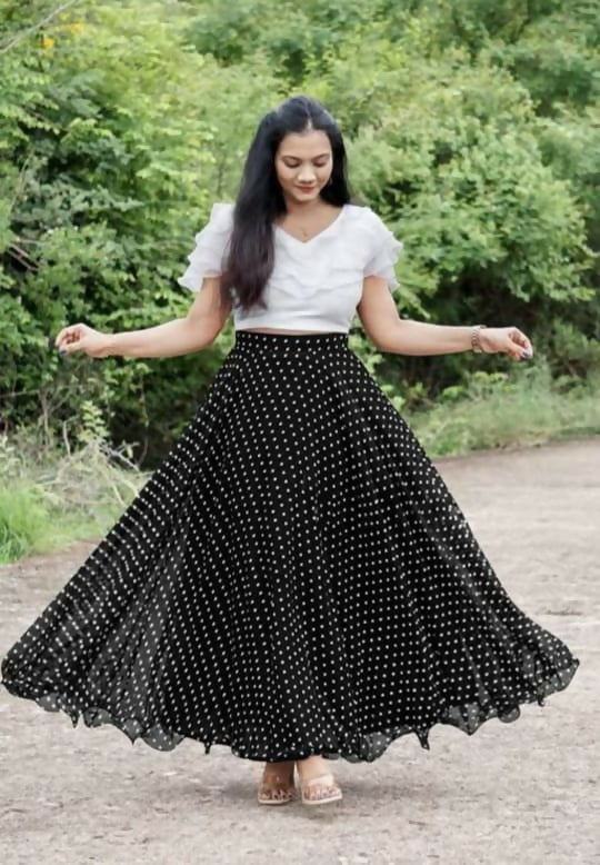 Dishitha Creation Printed Stitched Lehenga & Crop Top - White & Black - Distacart