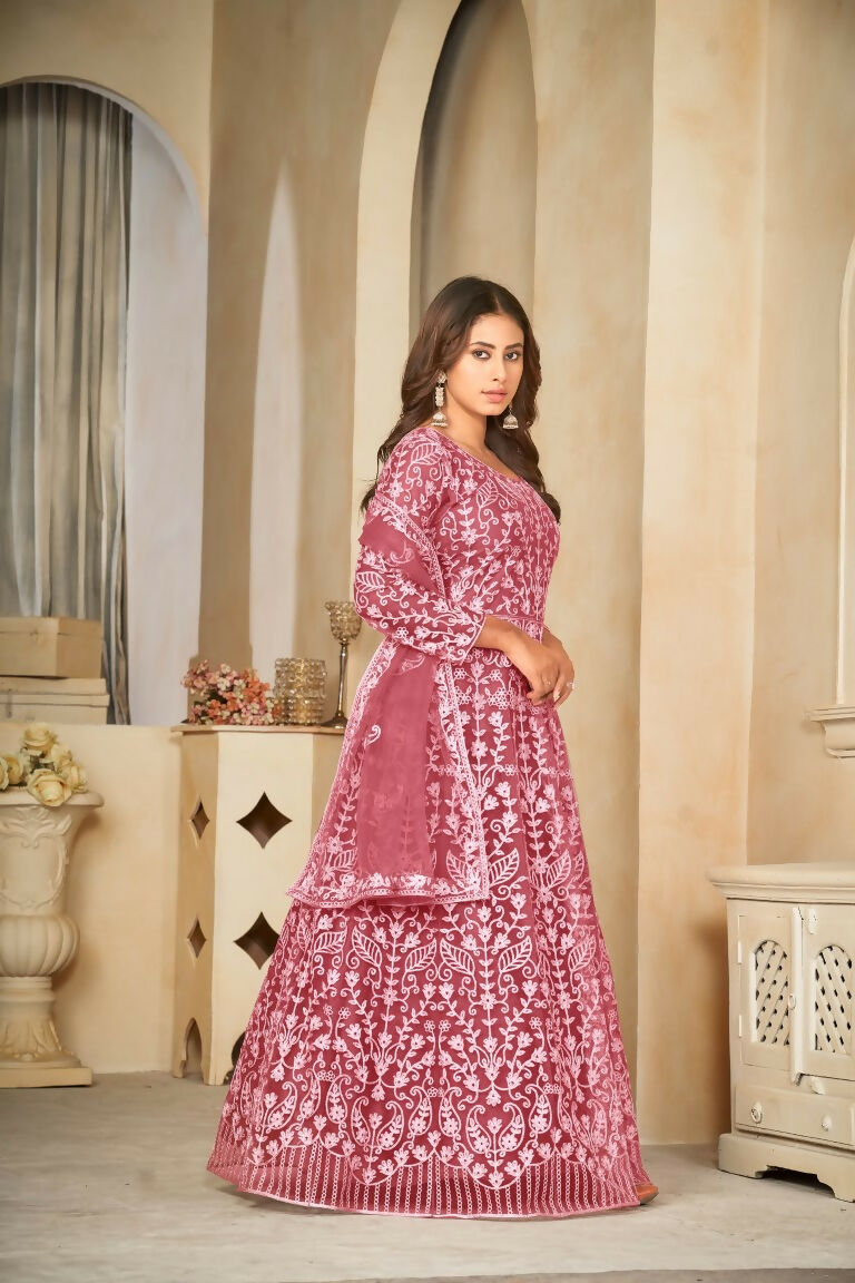 Jyoti Fashion Women's Gajri Net Embroidered Anarkali Kurta Pant Set With Dupatta - Distacart
