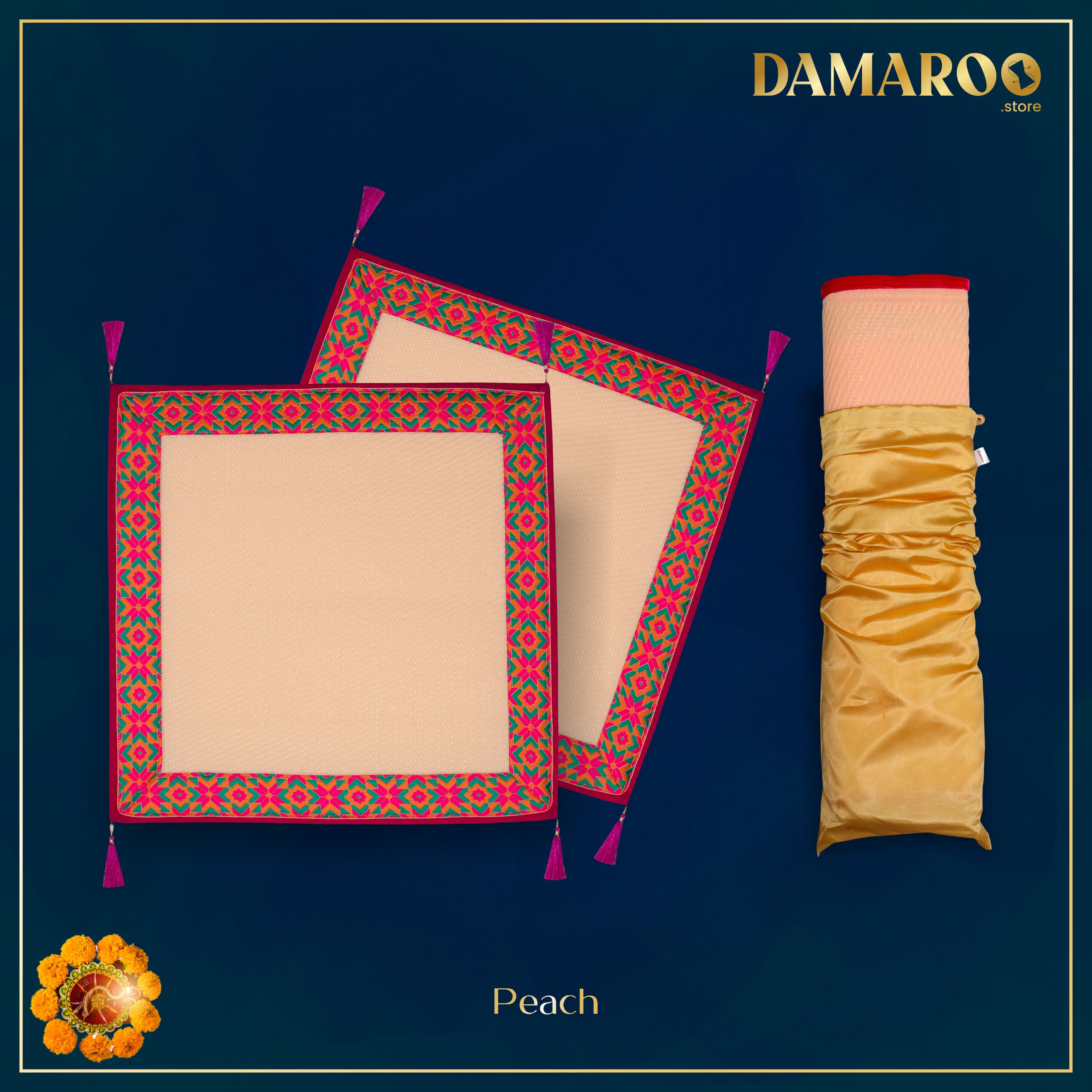 Damaroo Set of 2 | 2x2 ft | Ornate Nylon Aasan | Jacquard Pink Trim & Tassels - Peach - Distacart