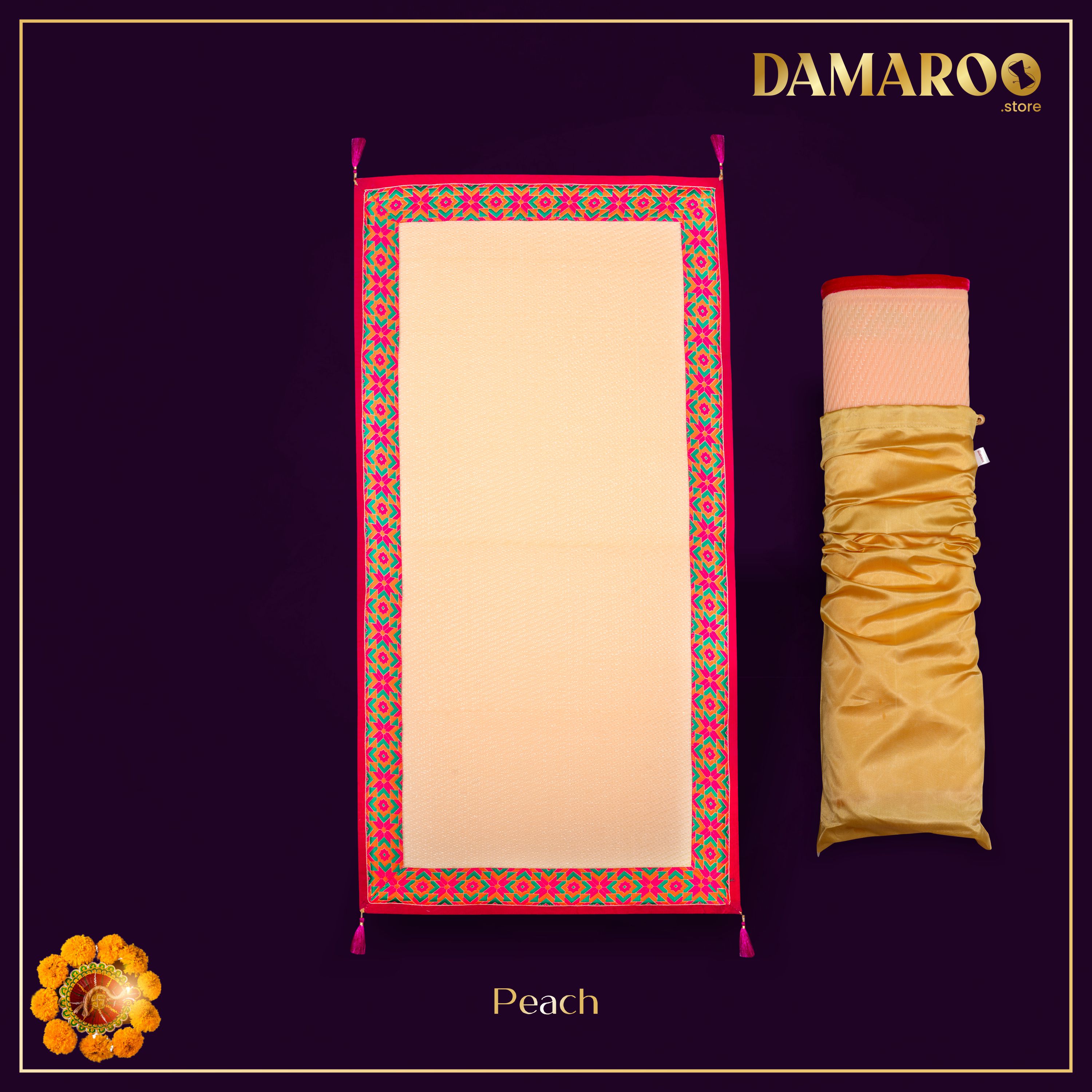 Damaroo 2x4 ft | Ornate Nylon Pooja Couple Mat | Jacquard Pink Trim & Tassels - Peach - Distacart