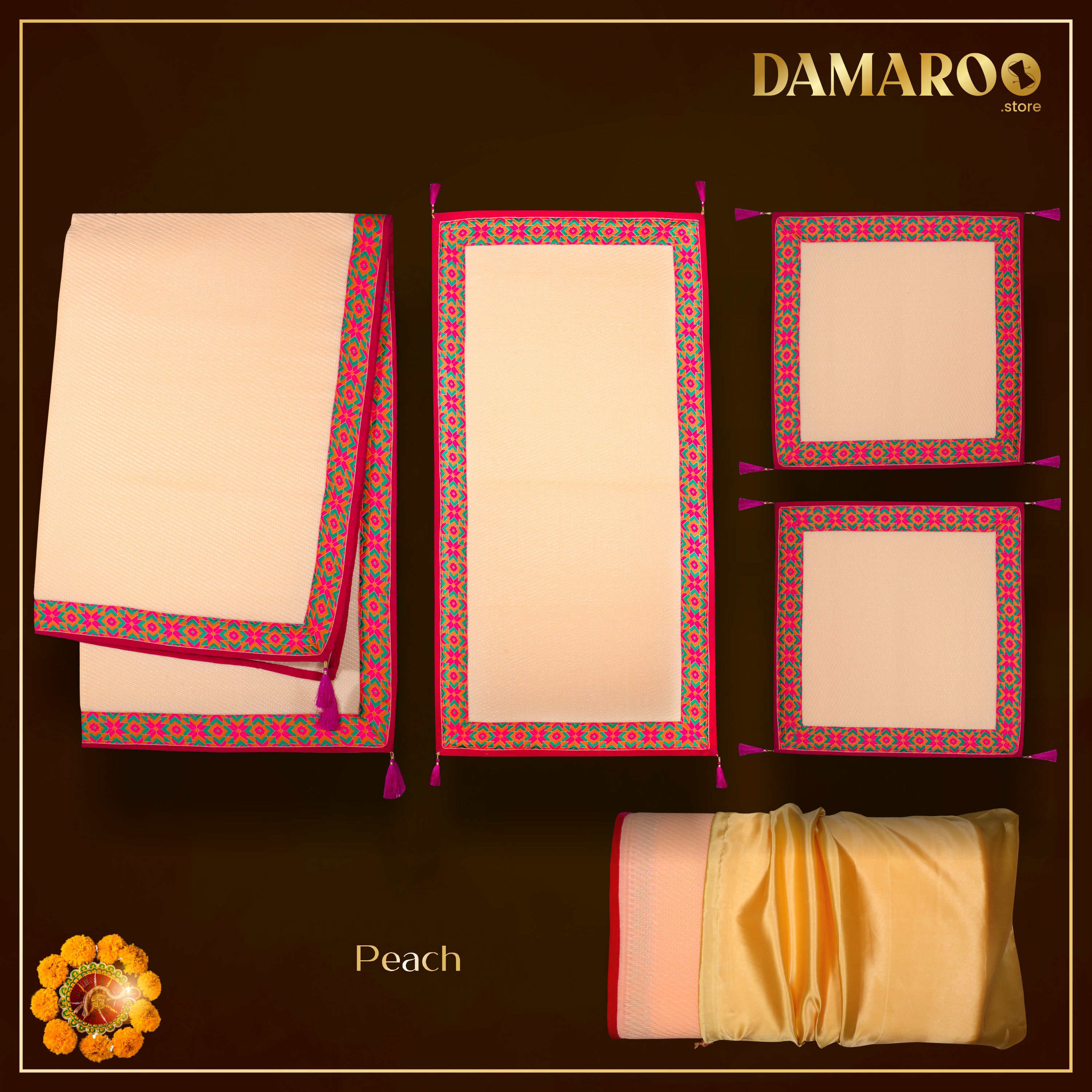 Damaroo Combo Pack of 4 | Ornate Nylon Pooja Aasan & Mat | Jacquard Pink Trim & Tassels - Peach - Distacart