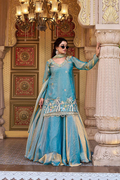 Teeya Creation Womens New Stylish Moti Beads With Cording Sequence Thread Embroidery Work Aqua-Blue Kurta Set - Dista