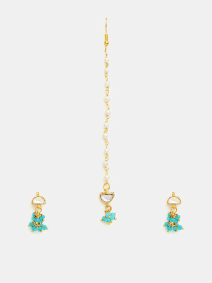 Ruby Raang Semi-Circle Gold Blue Earrings Set With Maang Tikka - Distacart
