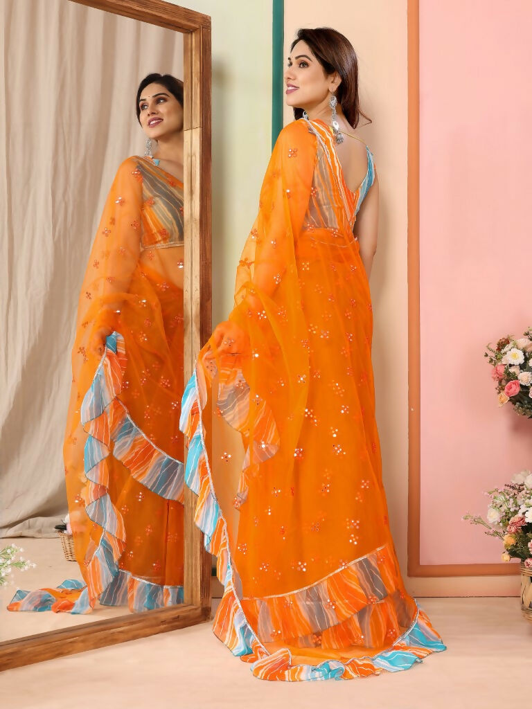 Partywear Designer Orange Net Fancy Saree - Dyuti - Distacart