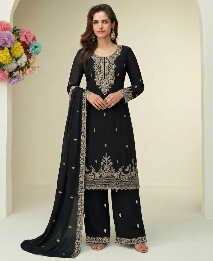KC Black Georgette Heavy Embroidered Fancy Suit For Women - Dista
