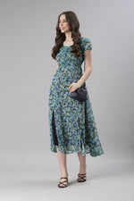 Thumbnail for Souchii Teal & Blue Floral Printed Fit & Flare Dress