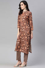 Thumbnail for Ahika Brown Poly Crepe Floral Print Straight Suit Set