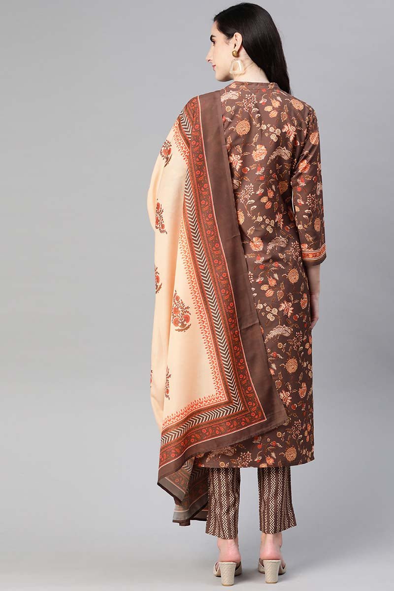 Ahika Brown Poly Crepe Floral Print Straight Suit Set