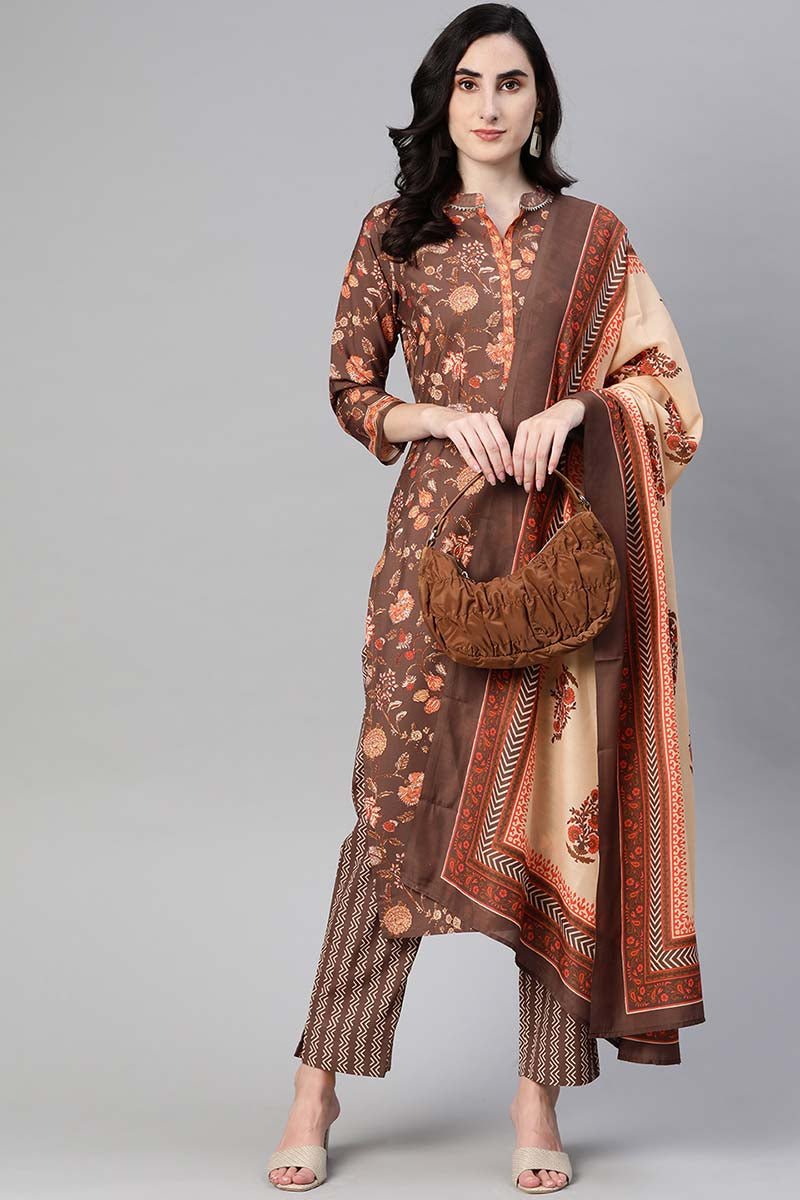 Ahika Brown Poly Crepe Floral Print Straight Suit Set